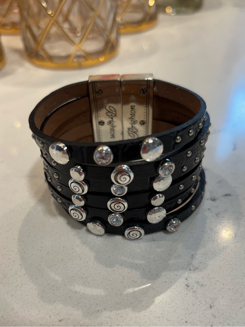 Brighton Thea Harlow Leather Cuff Bracelet Swarovski Crystals Black - Retired
